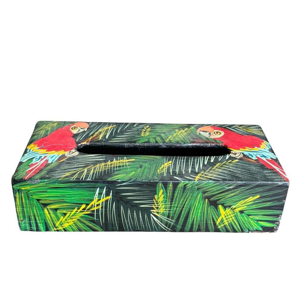Vintage Hand Painted‎ Wooden Tissue Box Cover Tropical Macaw Parrot Folk Art